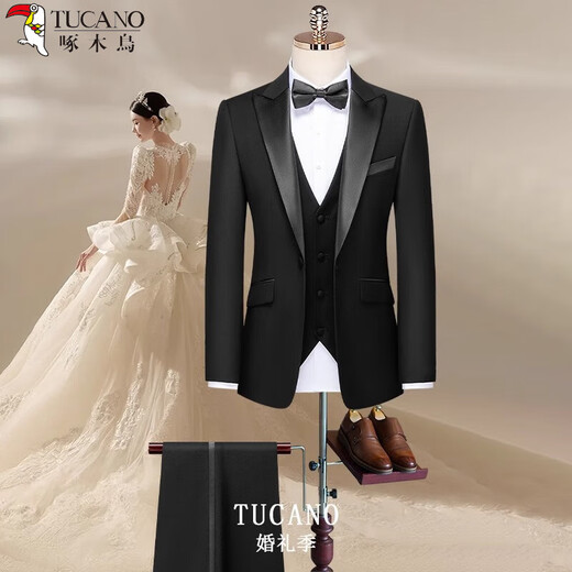 Woodpecker (TUCANO) suit men's three-piece business casual suit, workplace formal wear, groom's best man's wedding banquet dress, suit jacket + vest + pants, three-piece suit XL recommended 125 Jin Jin equals 0.5 kg -140 Jin Jin equals 0.5 kg