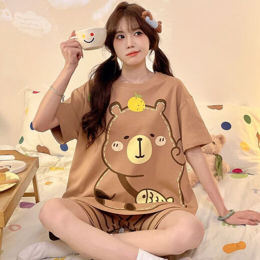 SMVP2025 Neuer Sommer-Pyjama für Frauen kurzärmelige Shorts Kapibala Anzug Casual Plus großer Cartoon Home Clothing 281# Milch Tea Bala + 693 Black Smiley Face M [Vorschlagen 70-95jin [Jin gleich 0,5 kg]]