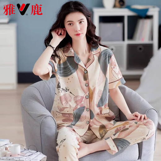 雅鹿高档新款纯棉睡衣女士夏季短袖长裤妈妈大码家居服夏天薄款套装 桔红色 Q9930 2XL 【140-160斤】