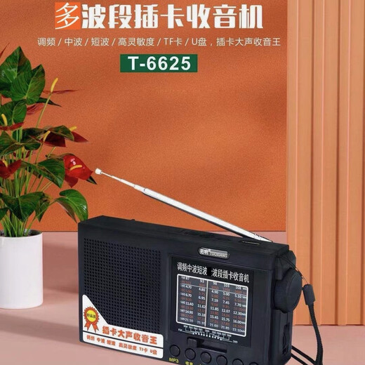 老人专用多波段大音量收音机老年收音机插卡收音机播放器音响礼物 T6625黑色 标配+电池+充电器