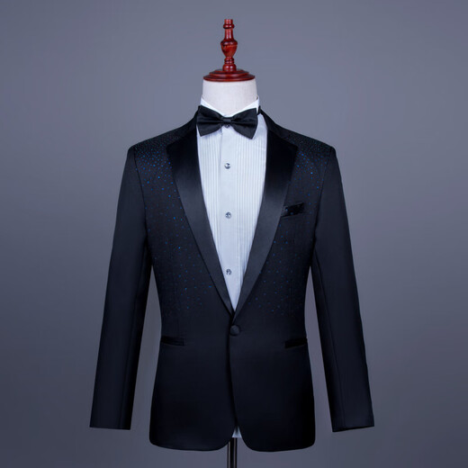 Kuosheng Men's Group Chorus Hot Loose Diamond Black and White Suit Stage Performance Singer Host Anchor Dress Performance Emcee Suit Black White Diamond-Coat + Bow Tie 3XL