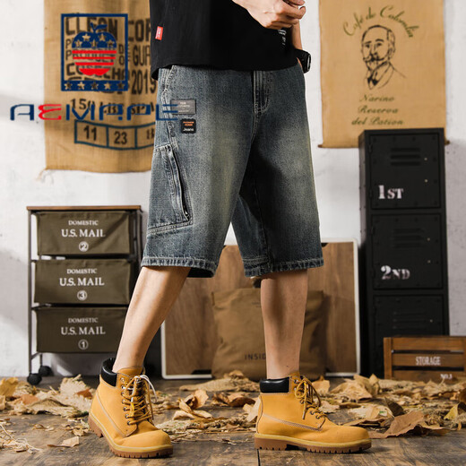 Aemape Apple Casual Lose Retro Multipocket Denim Shorts Herren 5-Punkte-Sommer-Dünnkühle Fünf-Punkte-Hosen großer Größe 9926 Blau 28 Geeignet für 90-105 Jin [Jin entspricht 0,5 kg]