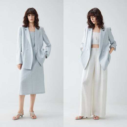 ELLE French commuting sense linen suit jacket for women 2026 spring new style high-end right shoulder loose suit blue S