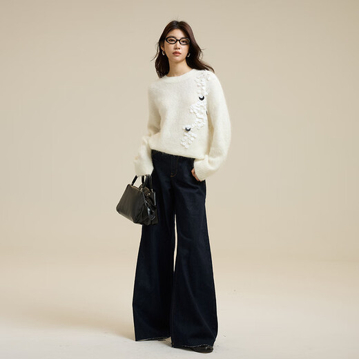 
ROMON high-end knitted sweater for women French elegant alpaca sweater for women spring and autumn new high-end bead-sheet soft pullover top white one size / slightly hair loss / mind careful shooting