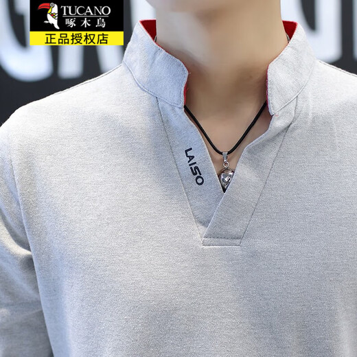 Woodpecker long-sleeved T-shirt men's autumn and winter stand-up collar slim fit velvet warm top printed versatile bottoming shirt men's black XL