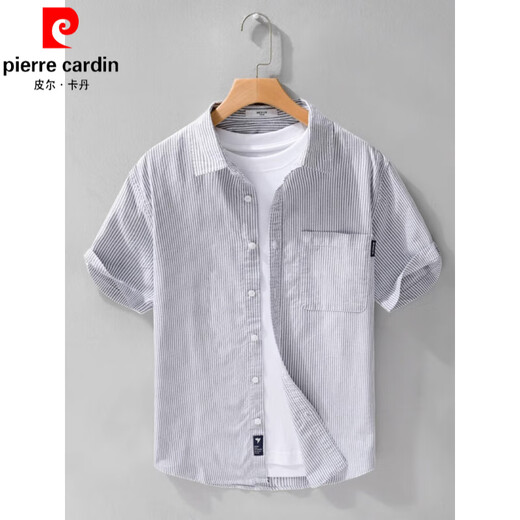 Pierre Cardin Herren gestreiftes Kurzarmhemd Japan japanisches lässiges loser Top Herren Sommer Dünn trendig vielseitiges Baumwollhemd 9721 Weiß M 100jin [Jin entspricht 0,5 kg]