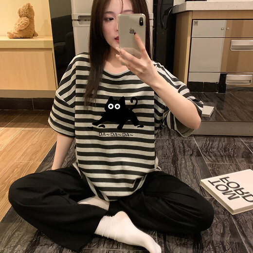 红豆睡衣女2025新款夏季短袖长裤纯棉初中学生女孩大童可爱家居服 6625-桃心小熊--短袖长裤-HZM M 女(高152-158，体重70-95斤)