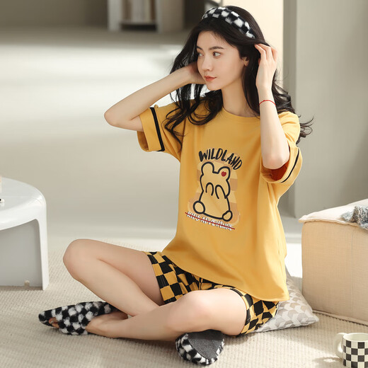 Summer Women's Short Sleeve Cotton Plaid Pajama Set Summer Pure Cotton Korean Home Clothing Can Be Cartoons for Outdoor Y9857 M (Suggested 75-95Jin [Jin equals 0.5 kg])