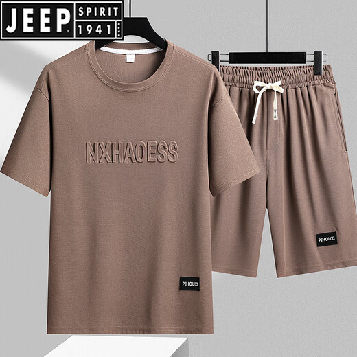 JEEP SPIRIT summer men's sports and casual suit loose large size round neck T-shirt shorts handsome paired with a set of ice silk TZ829 khaki 2XL