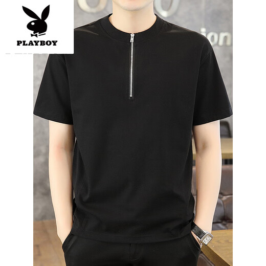 
Playboy (PLAYBOY) Men's Short Sleeve T-shirt 2025 Summer New Fashion Stand Collar Half Zipper Polo. Shirt Thin Solid Color Half Sleeve Clothes 1585 Green M