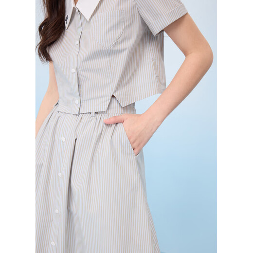 Zihan (ZIHAN) Zihan blue vertical striped short-sleeved shirt high-waisted a-line skirt two-piece suit for women 2025 summer new style blue stripe S
