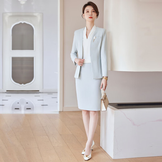J-ME Business Suit Suit Skirt Host Formal Wear Women's High-End Work Clothes Temperament Goddess Style Sales Department Work Clothes Suit Jacket + Shirt + Skirt (Blue + White) 2XL