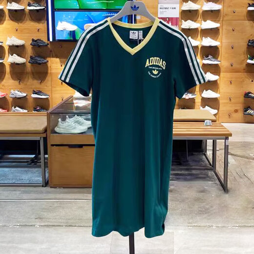 阿迪达斯 （adidas）三叶草短袖连衣裙女裙夏季运动裙V领半袖衫休闲T恤裙子 IR6042森林绿 L