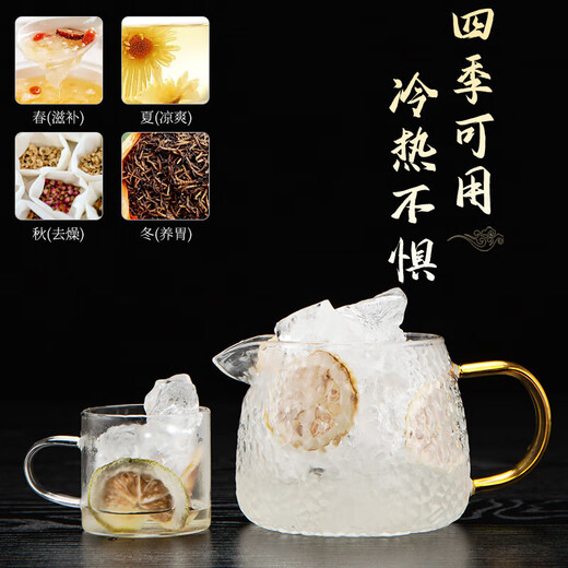 Hammered glass tea set, high temperature resistant teapot, tea brewer, teacup, tea water separation filter, smooth water outlet, small leaf teapot 350ML+2 yellow handle hammered cups