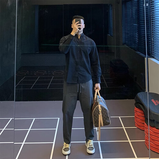 IRONTRAP urban commuting Japanese retro Henry collar cotton shirt long-sleeved T-shirt men's shirt casual bottoming autumn and winter black one size 2XL