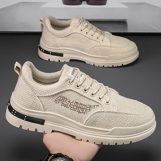 
Jingpu Fei men's shoes for spring breathable and odor-proof canvas shoes lightweight and versatile thick-soled casual sports trendy shoes CF9906 khaki 44