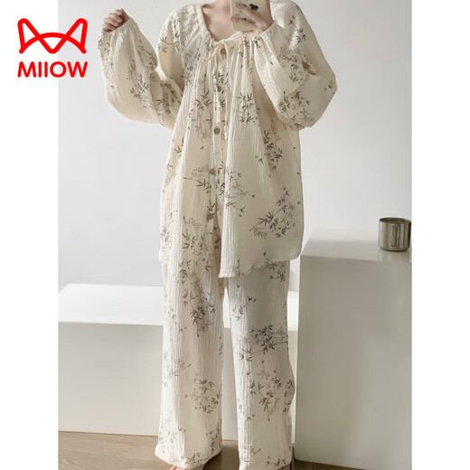 猫人（MiiOW）国风感竹叶印花双层棉纱睡衣女秋季纯棉舒适家居服大码两件套 2F695套/装100%优质/棉纱】 M (建议95~110斤)