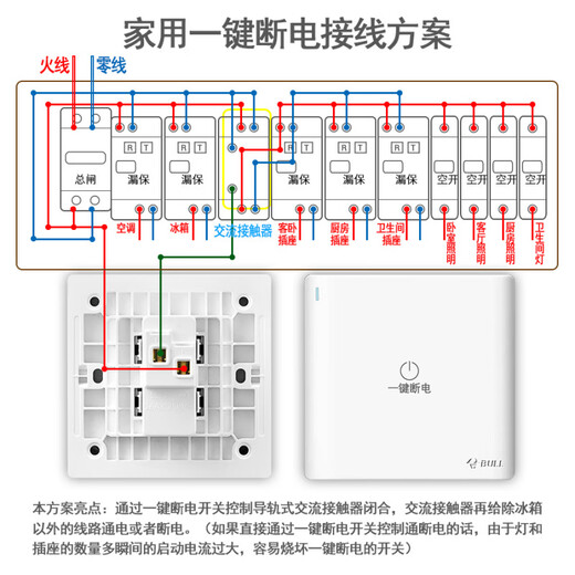 Bull whole house one button power off 86 type switch concealed main switch to turn off the lights in the whole house 16A high power main power supply G25 white G25 one button power off + 25A contactor