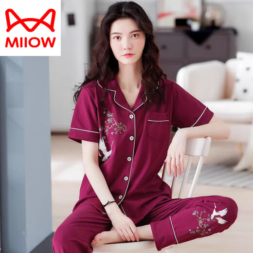 
Cat Man (MiiOW) middle-aged pajamas for women in summer pure cotton short-sleeved trousers cardigan floral mother style loose middle-aged and elderly home clothes Q9928# M (80-105Jin [Jin equals 0.5 kg] wear)