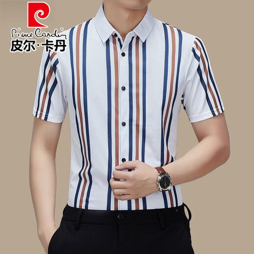 皮尔卡丹（pierre cardin）高档桑蚕丝短袖衬衫男士夏季新款潮流条纹弹力休闲商务免烫衬衣潮 白色 【高档短衣袖688】 L 170115-130斤