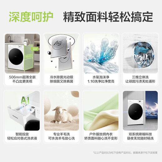 松下（Panasonic）【吴磊推荐】滚筒洗衣机全自动 506超薄全嵌【小薄荷】10公斤 水氧泡沫净光动银除菌 智能投放830M