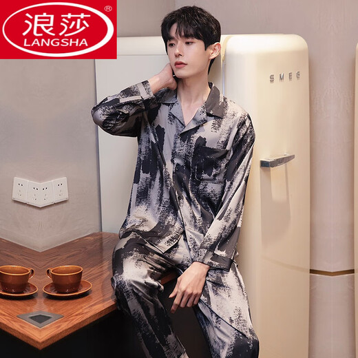Langsha Men's Pyjamas Spring and Automne Ice Silk Silk Long Manchers Tapt Men's Automn 2024 Nouveaux vêtements à domicile haut de gamme 6627 Meteor L