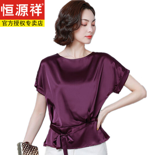 恒源祥真丝上衣女短袖t恤桑蚕丝杭州丝绸女装妈妈夏装收腰高档洋气小衫 9855凤尾花 M