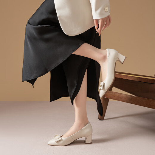 
Red Dragonfly Leap Moon Shoes High Heels 25 Spring Thick Heels Women's Shoes Pointed toe Workplace Small Leather Shoes Single Shoes WLB15124 Beige White 40