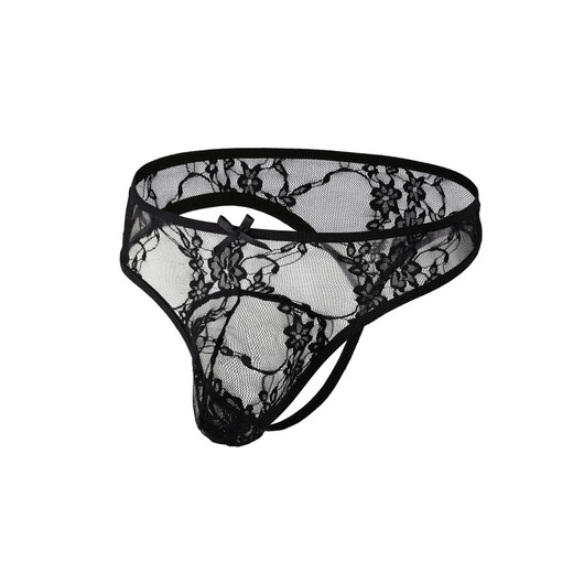 Zi Jiafu Y Men's Lace Underwear Sexy Bow Tie Underwear Tempting Low Waist Transparent Men's Thong Black L