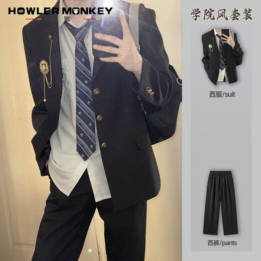 声猴西服套装男士dk小西装职业正装商务结婚jk礼服伴郎学生西服外套男 西服+长衬衫+黑西裤 XL