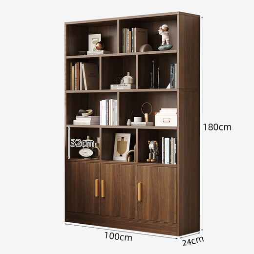 KULIN solid wood bookshelf bookcase floor-standing wall storage rack home living room with door 1.8 meters cabinet dark walnut color 100cm