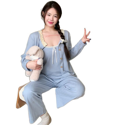 荣西图（RONGXITU）棉睡衣女带胸垫吊带三件套韩版甜美ins风家居服 S681#灰蓝 170 M
