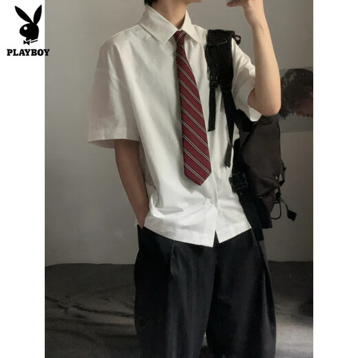 花花公子dk制服衬衫男短袖套装日系复古学院风jk男女班服宽松薄款衬衣 免烫白短袖衬衫+西裤 L 收藏领带
