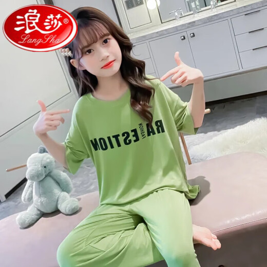 浪莎夏季儿童短袖睡衣女童2025新款小女孩薄款空调服中大童休闲家居服 695果绿色短袖字母后背猫 120cm 均码