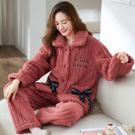单南卫法兰绒睡衣女秋冬季加厚珊瑚绒家居服中青年妈妈装可外穿两件套 T687橘粉袋鼠熊 超厚 2XL ：建议(135-150斤)