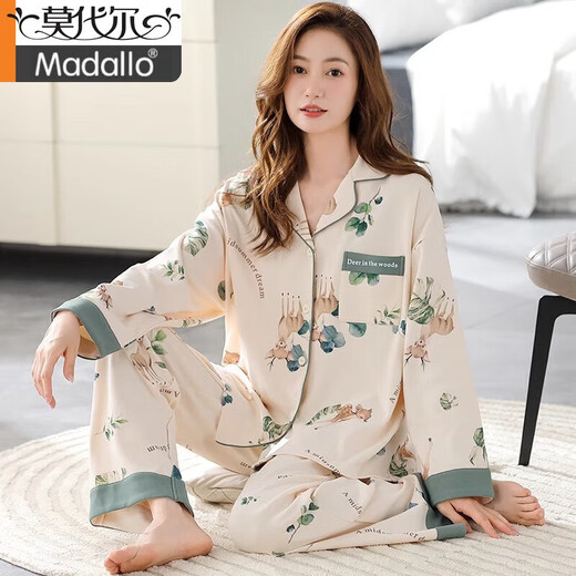 莫代尔睡衣春秋款女2024新款纯棉布料100全棉女士家居服女款春秋季 LF:9227青色满铺不规则 M