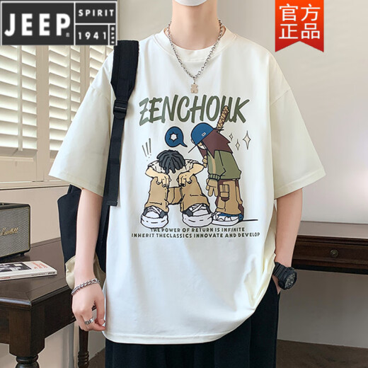 JEEP SPIRIT cartoon printed pure cotton teen short-sleeved t-shirt for men trendy handsome 2025 new summer half-sleeved t-shirt 695 black M about 80-100 Jin [Jin equals 0.5 kg] can be worn