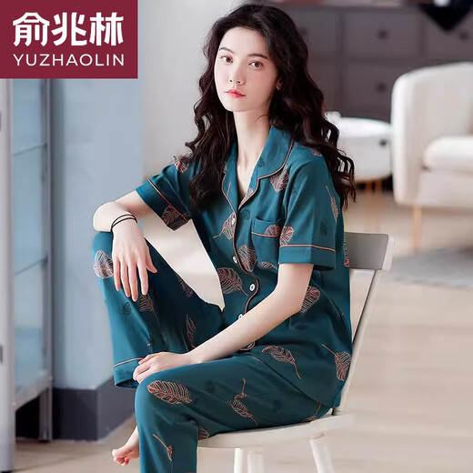俞兆林夏季睡衣女舒适纯棉开衫短袖长裤全棉薄款中年人妈妈款两件套装 659 M 80-100斤