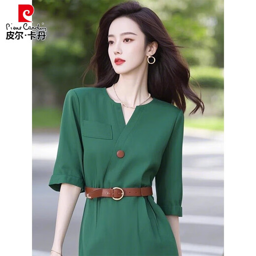 皮尔卡丹（pierre cardin）春夏出席重要场合气质女神范轻奢高级感上流社会绿色收腰连衣裙子 绿色连衣裙 XL 【建议115-125斤】