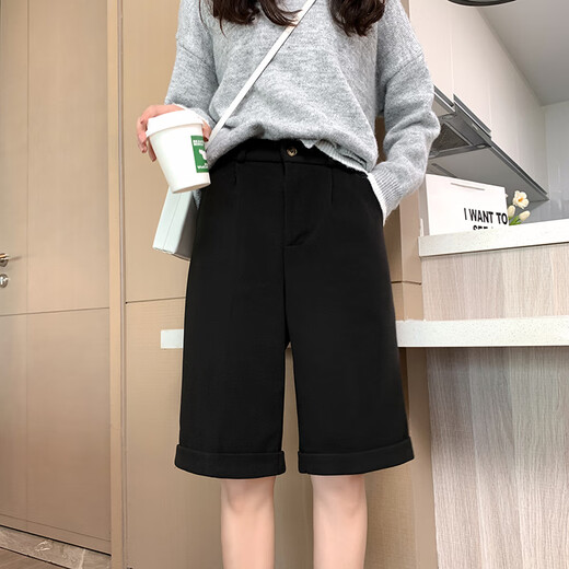 CamalgOri winter five-point woolen shorts for women, thickened outer wear, high waist, versatile, fat mm size, small straight hemmed mid-pants for women, brown M