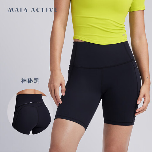 MAIA ACTIVE【虞书欣同款】夏练腰精短短裤 骑行裤4分高腰运动紧身瑜伽短裤子 神秘黑（口袋4分） M