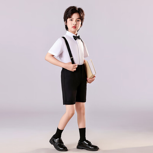安妮优儿儿童礼服男童套装主持人演出服小男孩花童表演西装夏 黑色  150