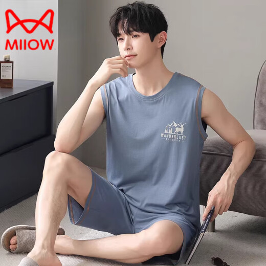 猫人（MiiOW）轻奢男士睡衣夏季莫代尔冰丝背心短裤套装青少年大码无袖家居服 F-9207 XL