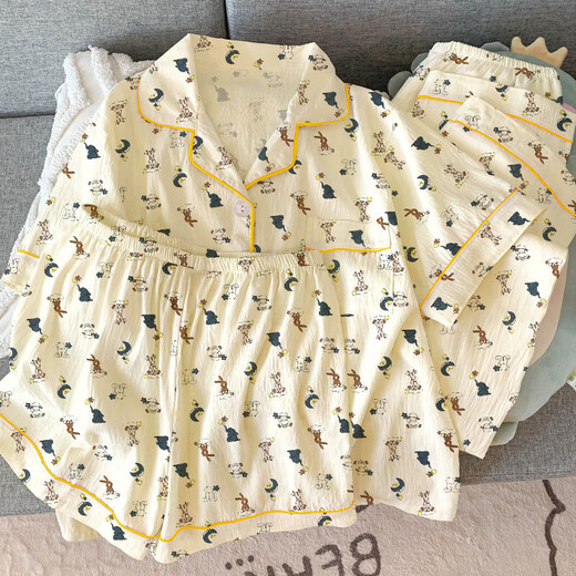 睡衣三件套女新款韩系米奇卡通皱布睡衣甜美休闲短袖家居服夏季 套KK1517 M 【建议80-100斤】