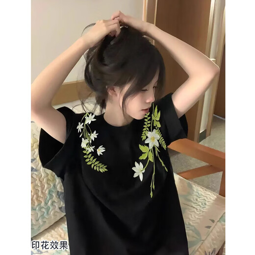 Su Yu 100% pure cotton American new Chinese style floral garland short-sleeved T-shirt for women summer loose trendy brand top half-sleeved men's 220g - black M recommended 95-110Jin Jin is equal to 0.5 kg