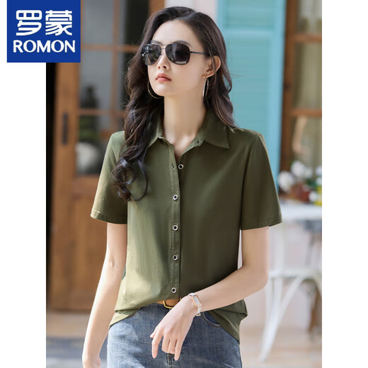
ROMON short-sleeved T-shirt for women 2025 summer new pure cotton shirt for women POLO neck versatile slim cardigan half-sleeved professional 9887 blue (short-sleeved) XL suggests 115-125Jin [Jin equals 0.5 kg]