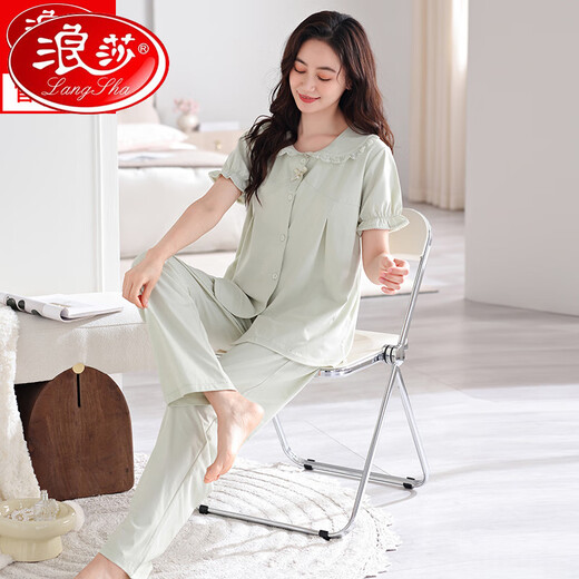 浪莎（LangSha）睡衣女士2025夏季带胸垫纯棉短袖长裤夏天女款妈妈大码家居服外穿 Y691柔粉 【不带胸垫】 M 【建议体重80-100斤】