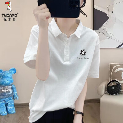 啄木鸟夏季2025年新款洋气百搭polo领短袖t恤女小众白色正肩棉上衣 1476白色【常规POLO衫】 /黑 S 80-100斤