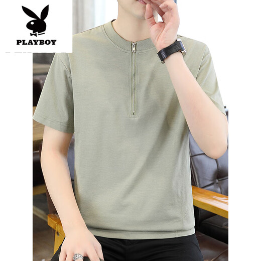 
Playboy (PLAYBOY) Men's Short Sleeve T-shirt 2025 Summer New Fashion Stand Collar Half Zipper Polo. Shirt Thin Solid Color Half Sleeve Clothes 1585 Green M