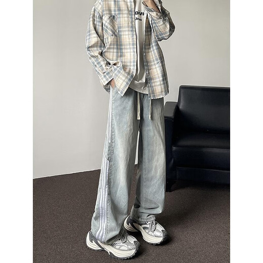 Boîte noire Blanc Jeans Spring et été de la marque à la mode masculine American Striped Splicing Pantalon décontracté lavé par l'eau Vibe High Street Pantalons droits lâches WKXS-K1047 BLUE XL